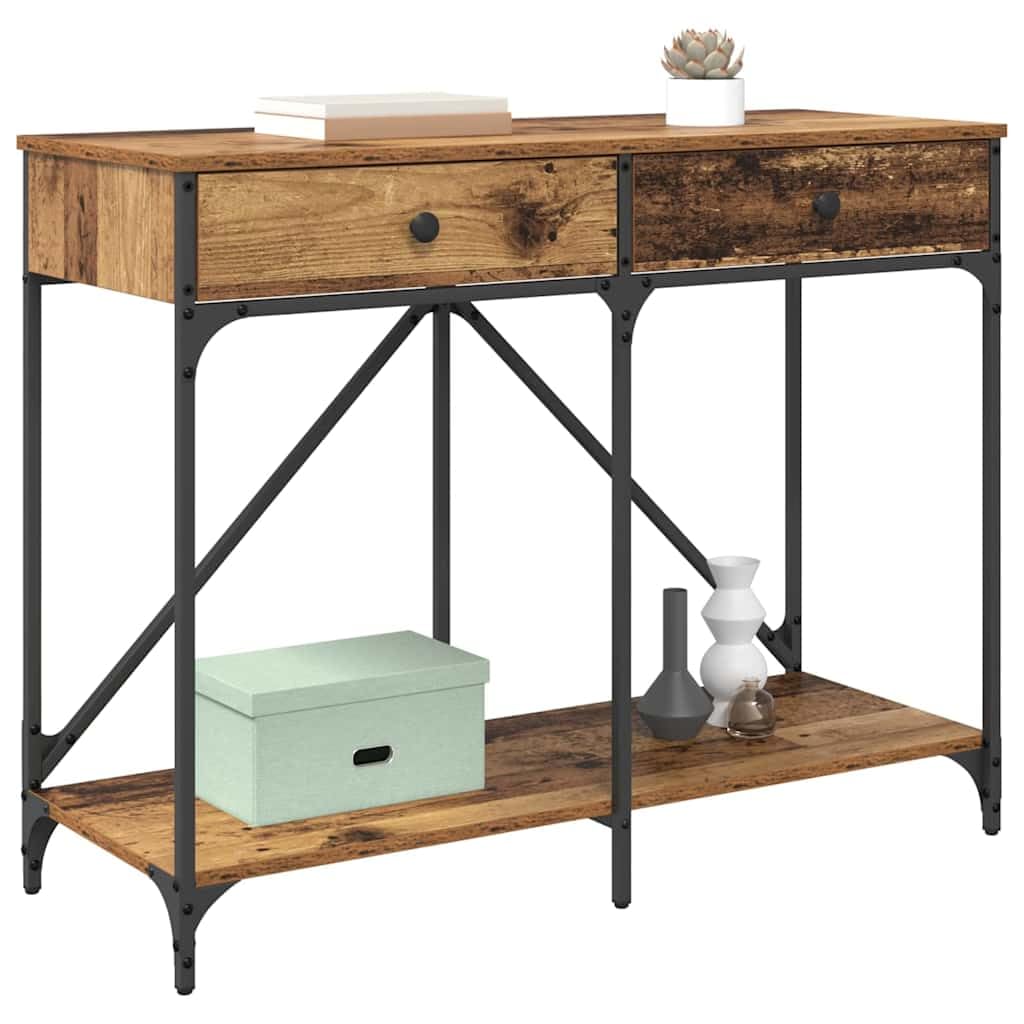 Consolle in legno anticato, 100 x 39 x 78,5 cm, con cassetto e scaffale, stabile struttura in metallo, tavolino rustico per corridoio, soggiorno, camera da letto, pratico
