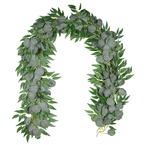 4 Packs 6.2 Feet Artificial Silver Dollar Eucalyptus Leaves Garland With Willow Vines Twigs Leaves String for Doorways Greenery Table Runner Indoor Outdoor
