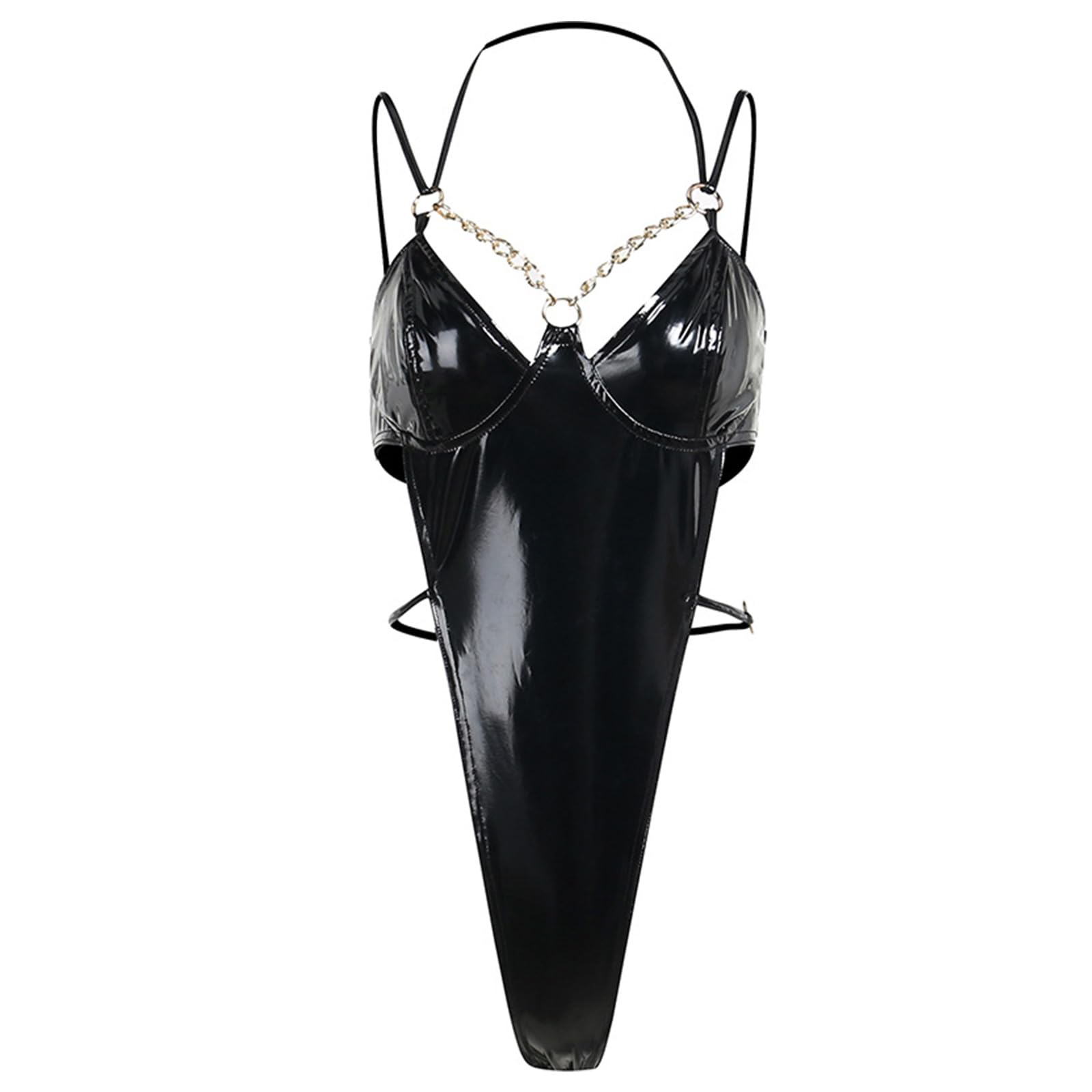Domasvmd Women's Black Bodysuit Punk Deep V Neck Chain Jumpsuit Skinny Backless For Tank Top Hollow Pu Leather Catsuit Street Pu Leather Bodysuit Deep V Neck Jumpsuit With Chain Gothic Catsuit