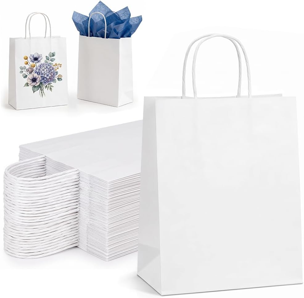 YOFANNER Medium White Kraft Paper Bags with Handles 50 Pack, 8x4.75x10 Inch Heavy Duty Kraft Gift Bags Bulk, Eco-Friendly Grocery Shopping Retail Paper Bags for Sandwich, Grocery, Gift, Party & Craft
