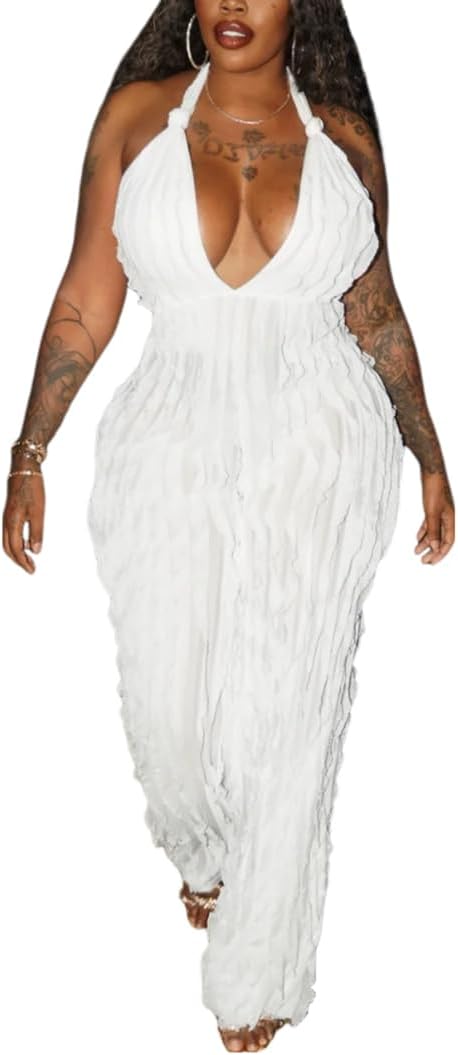 ENOPINK Womens Summer Backless Jumpsuits Dressy Sexy High Waist Wide Leg Romper Ruffle One Piece Outfits Clubwear Small White