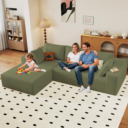 Image of 96 inch Modular Sectional Couch, Boneless L Shaped Cloud Sofa with Chaise Lounge, Corduroy Upholstered Couches Memory Foam Deep Seat, No Assembly Required, Ideal for Living Room(Green, Left Facing)