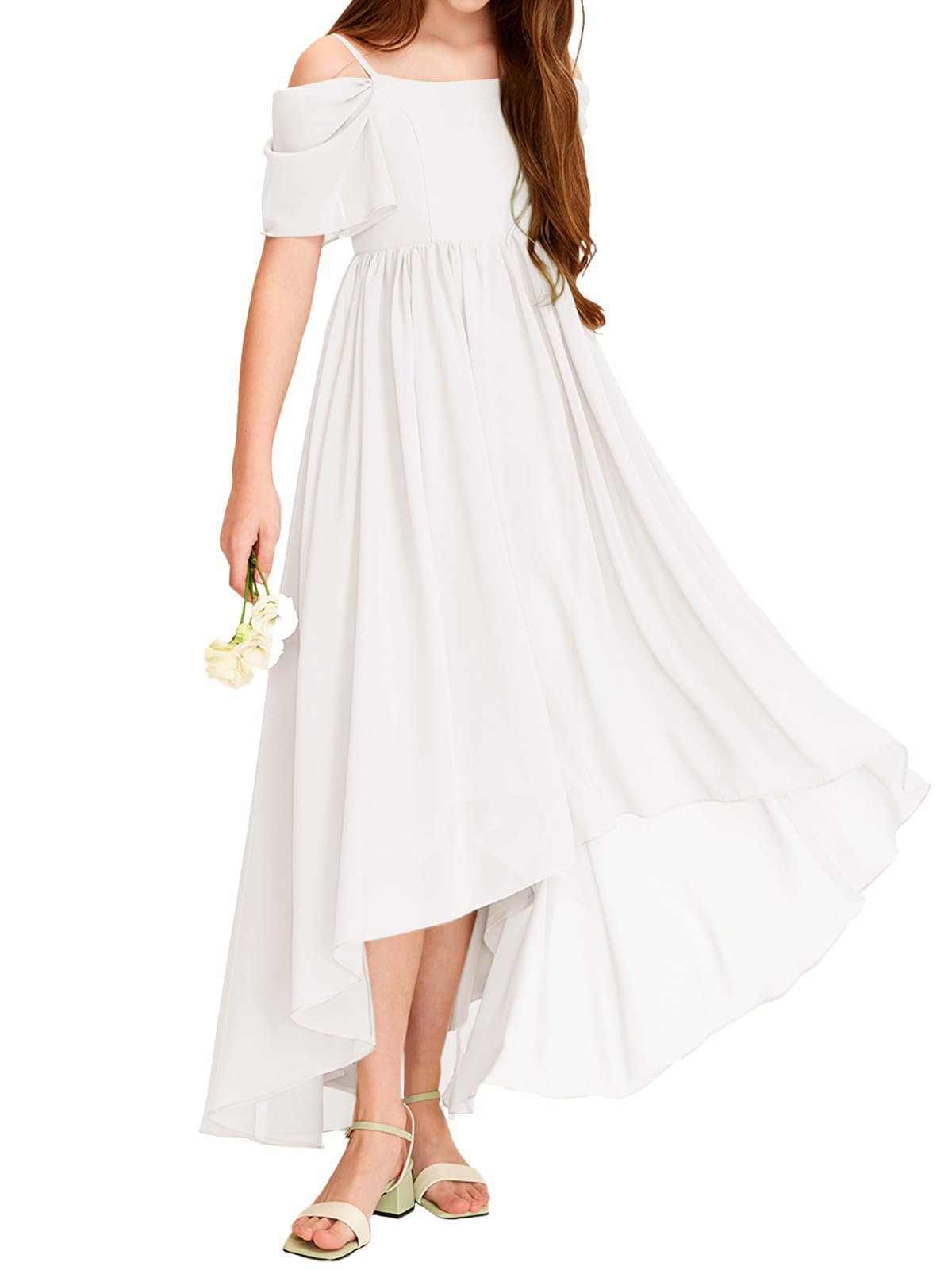 Haloumoning Robe asymétrique en mousseline de soie à épaules dénudées pour fille - Pour demoiselle d'honneur, fête d'anniversaire