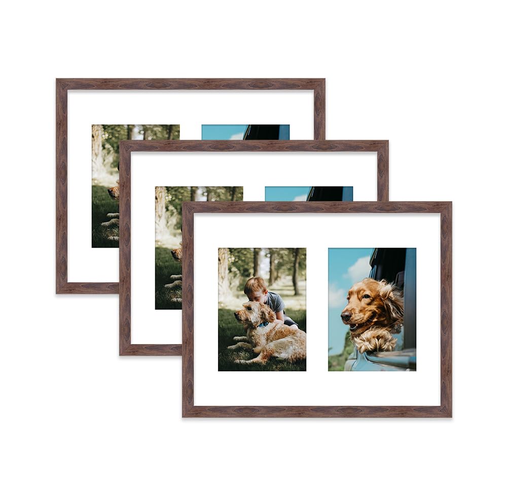 Walnut Multi Photo Frame - Holds 2 x 7x5 Pictures, Family Collage Picture Frame for Wall Display, 14x11 Frame size, Set of 3