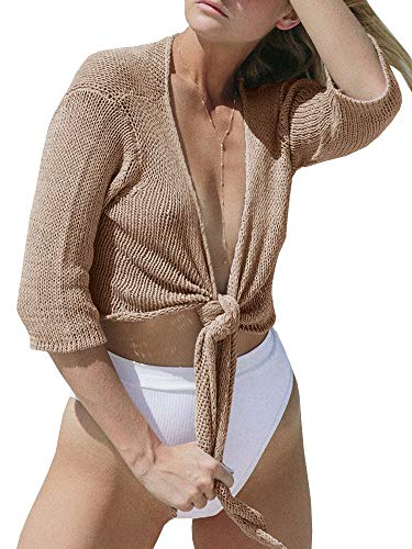 Yemgsip Women's Tie Front Shrug 3/4 Sleeve Bolero Sheer Knotted Lightweight Cardigan Sweaters Short Shawl Tops Khaki #TOP1