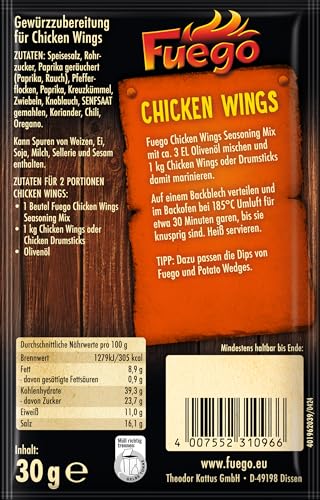 Fuego - Chicken Wing Seasoning Mix | Würzmischung zum Marinieren von Hähnchenflügeln | Für 2 Portionen | Vegan, ohne Geschmacksverstärker | 30 g im Beutel