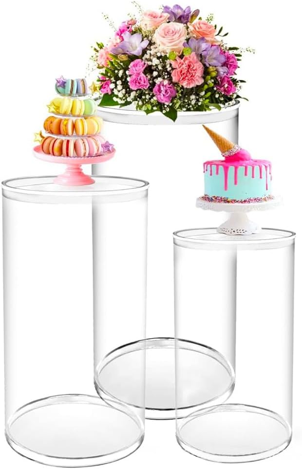 DYRABREST 3-Piece Clear Acrylic Cylinder Pedestal Stands Transparent Display Columns Pedestal Display Stands Plinth Pillars for Weddings, Parties, Birthdays and Events