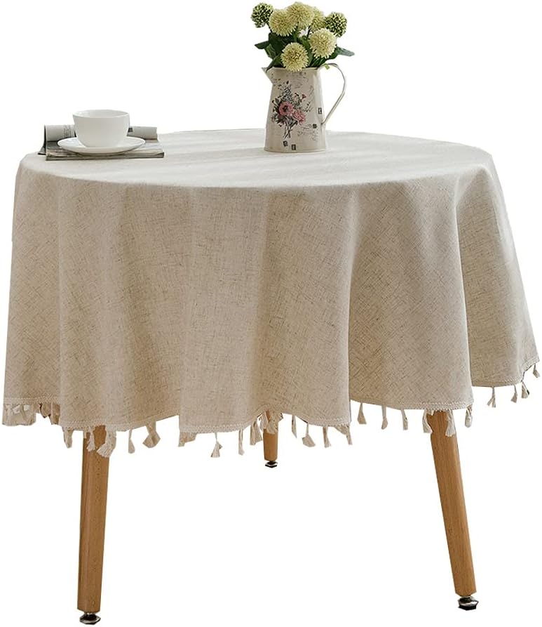 Aothpher Solid Color Round Tablecloth with Tassels Cotton Linen Table Cover for Kitchen Dining Farmhouse Tabletop Decoration (Round 60 Inch, Neutral)