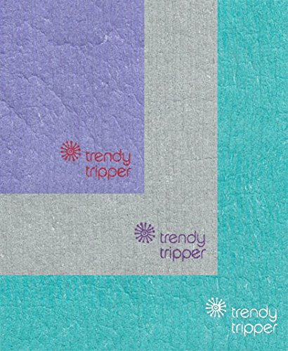 Trendy TripperSwedish Dishcloths, Reusable Set of 3 Solid Colors, Made in Sweden (Grey, Purple, Turquoise 3-C)