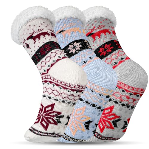 Tivi Tovo 3 Pairs Winter Slipper Socks with Gripper for Women Warm Fuzzy Sock Fluffy...