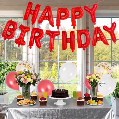 Image of 65 Pcs Red Happy Birthday Balloons, 2 Sets A-Z Red Letters Foil Balloons,16 Inch Personalized Name Happy Birthday Banners for Wedding Baby Shower Anniversary Party Decorations