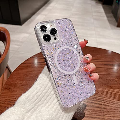 Étui de charge magnétique pour iPhone 14 Pro coque paillettes violette arrière souple