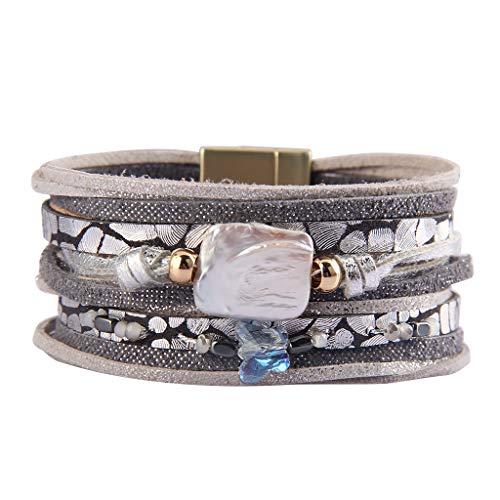 GelConnie Baroque Pearl Leather Cuff Bracelet Magnetic Multi Strand Bracelet Multiple Wrap Around Bracelet Bohemian Gift for Women?Sister, Wife LPB341-Grey