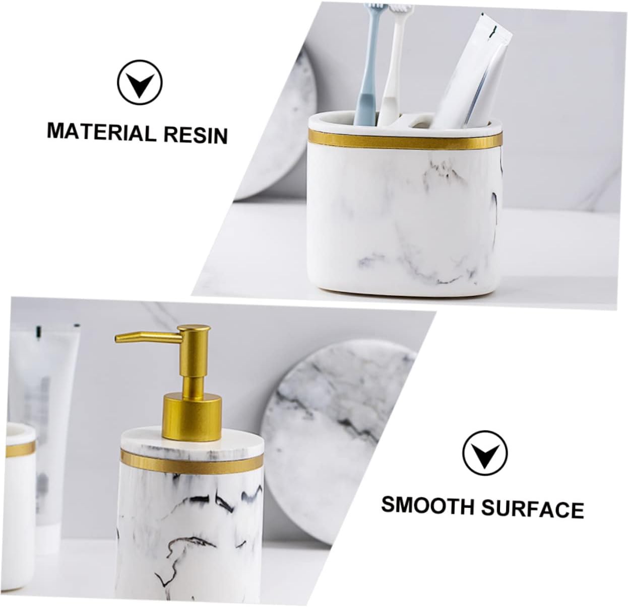 MAGICLULU 5 Pcs Resin Bathroom Accessory Set Elegant Marble Look Soap Dish Liquid Pump Bottles Mouthwash Cups Smooth Surface Decorative and Practical for Home Use