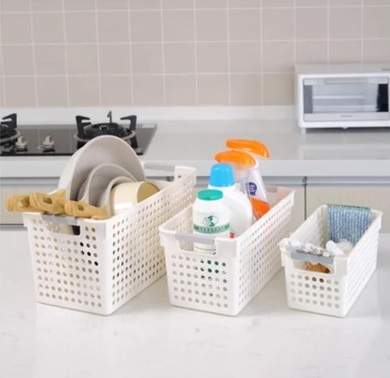 Smart Life White Box Basket Bin Storage Organizer for Pantry Cupboard Kitchen Home Office Closet Toys Clothes Kids Room Nursery 3Pcs/Large, Medium, Small