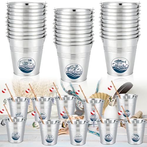 30Pcs Fishing Birthday Party Decorations Bait Bucket Cupcake Toppers with Handles Fish Print Small Tin Pail Little Fisherman Birthday Snack Candy Treat Containers Fishing Birthday Party Decor Supplies by HKOYTIUP - Used condition - US$15.33