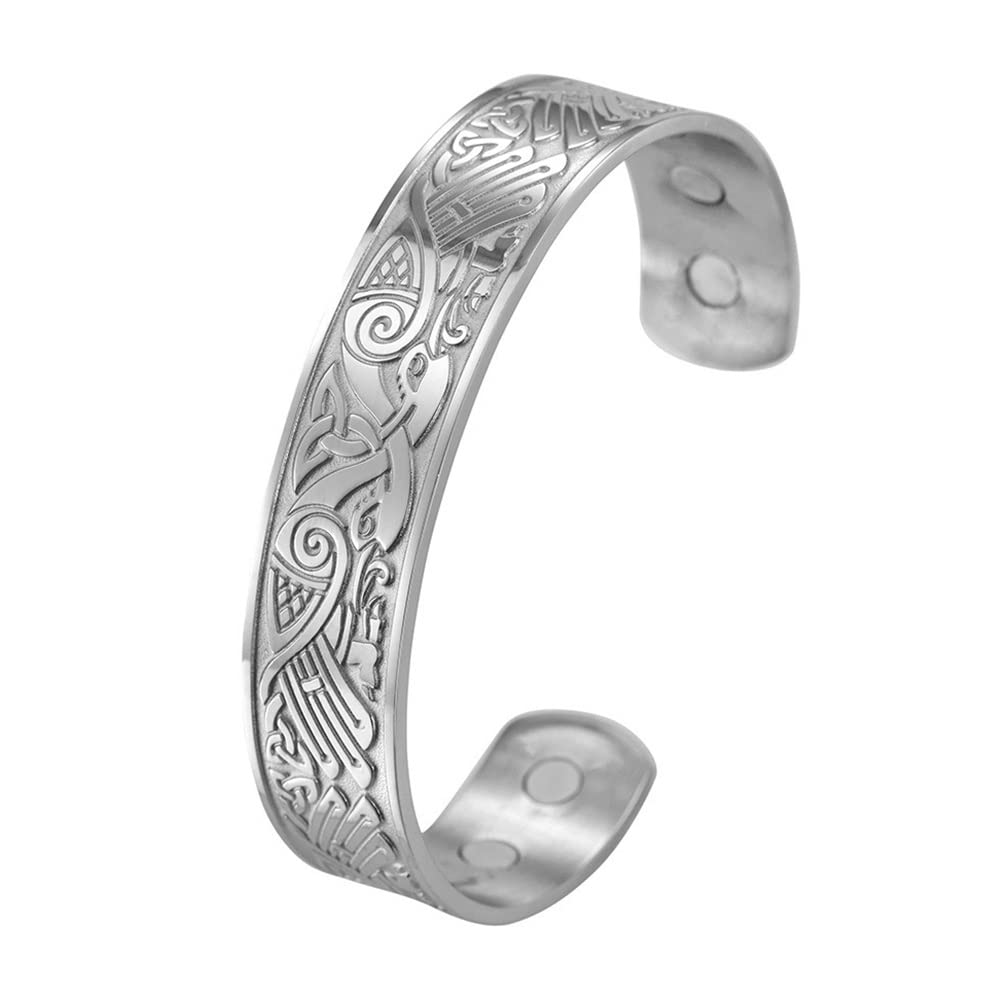 DFWY Viking Celtic Knot Odin Crow Bracelet - Norse Mens Women Stainless Steel Raven Cuff Bangle - Handmade Hip Hop Gothic Animal Amulet Pirate Pagan Jewelry (Color : Silver)
