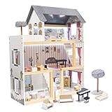 ✅ 3 Etagen Design XXL Puppenhaus aus Holz mit LED Beleuchtung  Große Puppenstube mit Möbeln und Zubhör  3 Etagen + Balkon  Spielset für Kinder Mädchen Jungs  Traumhaus für Puppen  Großes Dollhouse Kit Set