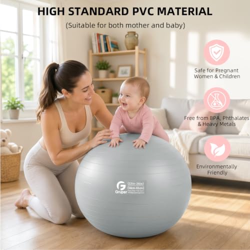 Image of Gruper Exercise Ball, Extra Thick Yoga Ball for Working Out, Yoga & Pregnancy, 4 Sizes Anti-Burst Balance Ball with Foot Pump for Pilates, Physical Therapy & Fitness