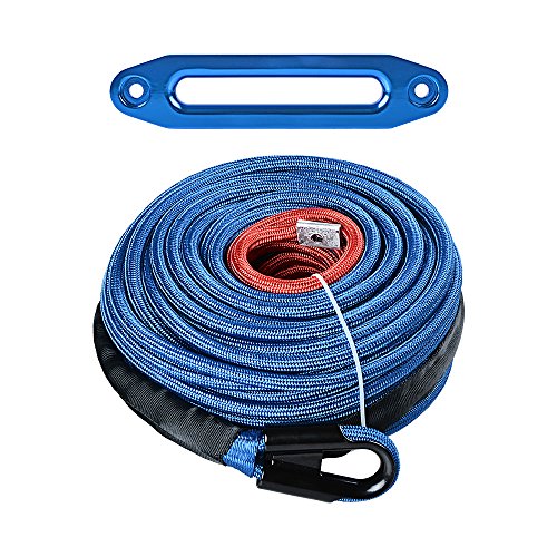 AMOPACORP Set Blue 95 feet x 3/8 inch Synthetic Winch Rope with All Heat Rock Guard and CNC Machine Aluminum 10 inch Hawse Fairlead for SUV Pick Up Truck Off-Road