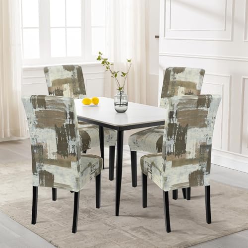 Image of SearchI Dining Room Chair Covers Set of 4, Stretch Printed Floral Parsons Chair Slipcovers Removable Washable Kitchen Chair Protector Cover for Dining Room, Hotel, Ceremony (Brown Abstract Pattern)