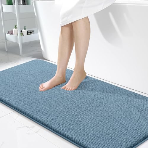 Image of OLANLY Thick Memory Foam Bathroom Runner Rugs 47x24, Extra Soft Absorbent Long Bath Rug, Quick Dry, Non-Slip, Machine Washable Bath Mats for Bathroom, Tub and Shower, Home Decor Accessories, Airy Blue