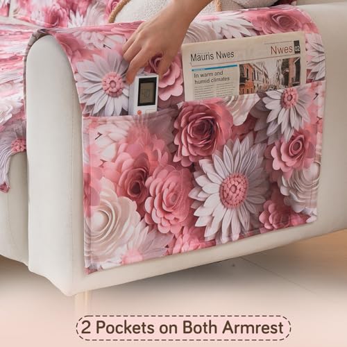 Image of HOKIPO 'Nature Muse' Premium HD Printed Holland Velvet Sofa Armrest Covers with Pockets | 1 Pair | Blush Bouquet (IN-921-L-D6*2)