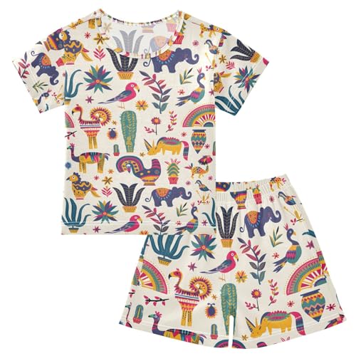 ALAZA America Bird Elephant Cactus Pajamas Set Short Sleeve Cotton Sleepwear Summer Pjs 2 Piece 5-14Y