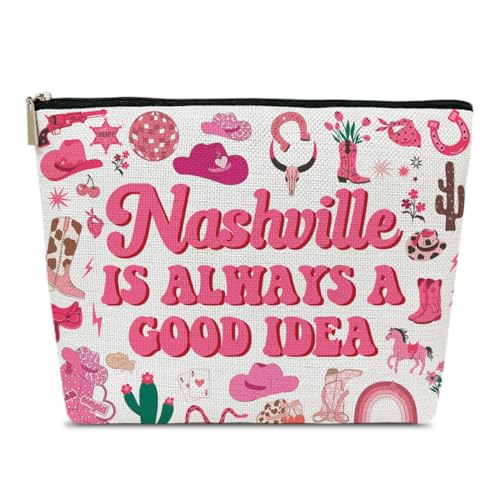 Nashville Travel Makeup Bag, Nashville Lover Gift Cosmetic Bag, Country Music Themed Gifts For Traveller Women Friends Sister, Birthday Christmas Bachelorette Party Favors for Girl