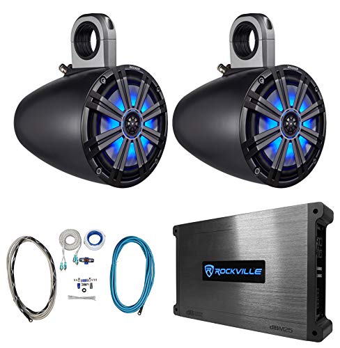 2) KICKER 8  600w Marine Boat KMTES8 Wakeboard Tower Speakers w  LED s+Amplifier