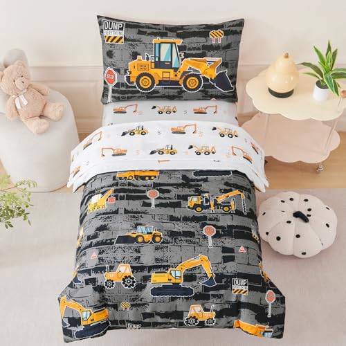 Image of PERFEMET 4 Pieces Construction Boys Toddler Bedding Set, Vehicles Cars Truck Printed Toddler Comforter Set with Sheets, Soft Reversible Excavator Grey Bed Set for Baby Boy