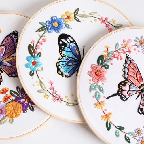 Image of GLTAYLMY 3 Sets Butterfly Embroidery Starter Kit for Beginners Flower Stamped Cross Stitch Kits with Instructions for Beginners Adults Include Embroidery Hoop Threads and Needles