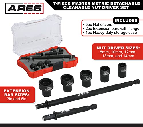 Ares 27087 – Nut Driver Set – Metric Magnetic 7-Piece – Detachable And Cleanable – Radial 6 Point Drive Sockets Load On Flats - Removable Socket Ends For Easy Cleaning – Heavy Duty Cr-V Steel #TOP1