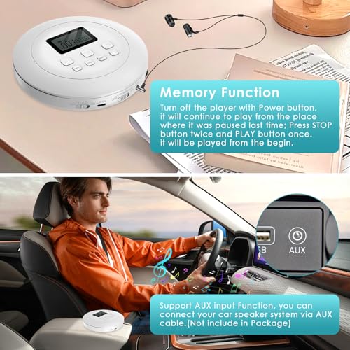 Gueray Tragbarer CD Player Tragbar CD Players Kinder CD-Player HiFi Discman mit Kopfhörer LCD-Display Unterstützung ASP PROG Speicherfunktion Repeat-Funktion BASS Effet Weiß