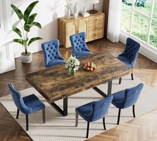Image of Rustic Brown Dining Room Table Set for 6, 7-Piece 63 inch-78.74 inch Extendable Dining Table Set with 6 Upholstered Chairs, Rectangle Wooden Expanding Kitchen Table and Blue Chairs Set