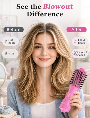 Image of Mini Travel Ceramic Blow Dryer Brush for Short to Medium Hair, 2 Inch Oval Styling Hot Air Brush with 3 Heat Settings, Lightweight Volumizing & Smoothing Tool, 120V, Pink