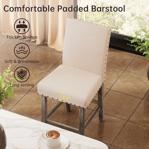Butacos de barra, juego de 2 unidades, altura para barra (25,5 pulgadas), tapizados en lino con respaldo ergonómico y patas de madera, color gris desgastado, para cocina, isla o bar en casa miniatura 4