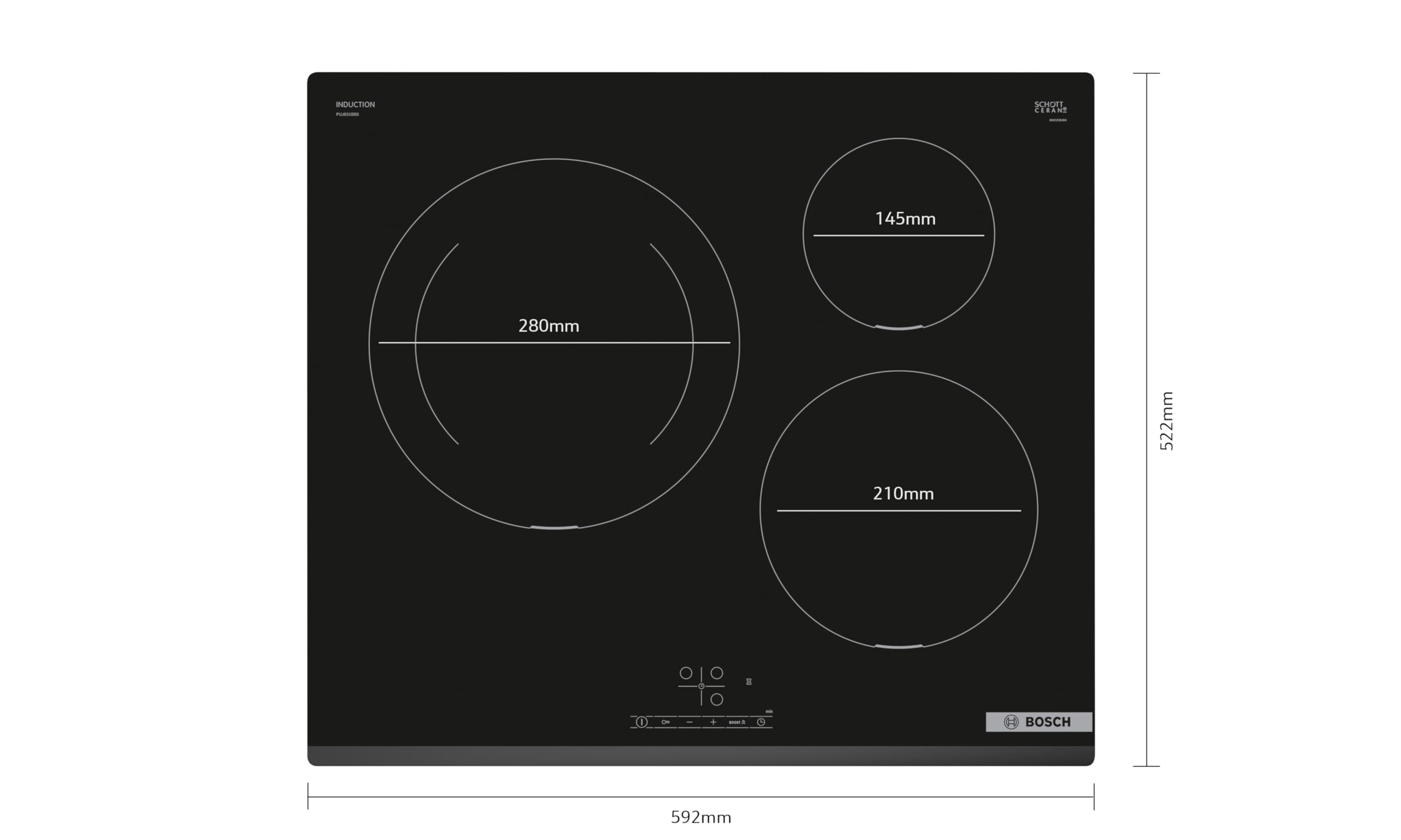 Bosch - Placa de inducción, 60 cm, 3 zonas, Zona de 28 cm Función Sprint, Negro, PUJ631BB5E — view 2