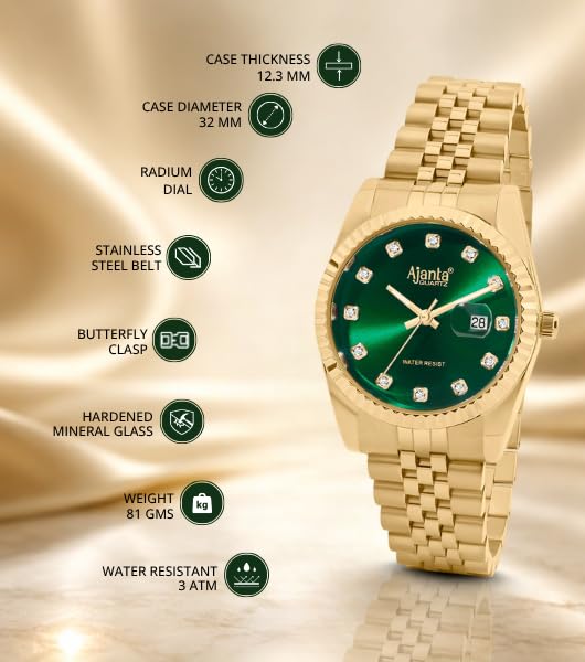 Image of Ajanta Quartz Avenza Women Analog Watch| Stainless Steel Bracelet Strap | Day & Date Display | Water Resistant | Formal & Casual Wrist Watch for Women