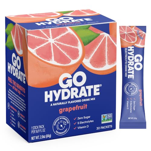 Image of GoHydrate Low Sodium Electrolytes Powder Packets Sugar Free - Instant Hydration Daily Drink Mix - Zero Sugar Water Flavor Packet Singles with Vitamin D - (Grapefruit, 30 Packs) | Instant hydration daily drink mix; water flavor packet singles with Vitamin D