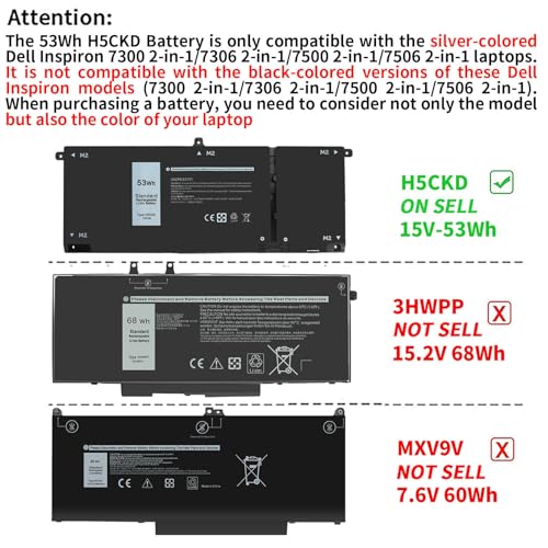 Image of 53Wh H5CKD 15V Battery Replacement for Dell Inspiron 5400 5406 7405 7300 7306 7500 7506 2-in-1 Silver 5300 5301 5401 5402 5408 5409 5501 5502 5508 5509 Series Latitude 3410 3510 Vostro 5300 5301 7T8CD