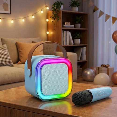 Image of Portable Karaoke Machine with Wireless Microphone, Bluetooth Speaker System, RGB LED Lights, Voice Effects, Rechargeable Battery, Light Blue