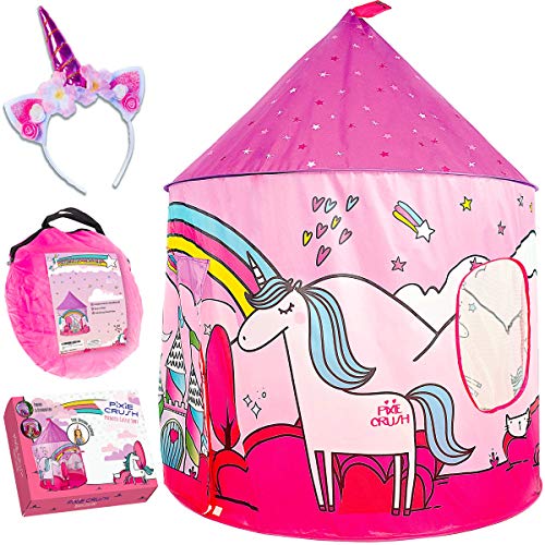 PixieCrush Kids Tent - Fun Unicorn Gifts - Unicorn Toys for Girls - Princess Castle Tent Playset with Pink Unicorn Headband - Play Tent for Girls