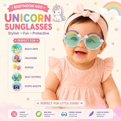 Image of BabyMoon Kids Unicorn Shaped Summer Sunglasses Goggles For Baby Girls & Boys | 2-8 Y | White