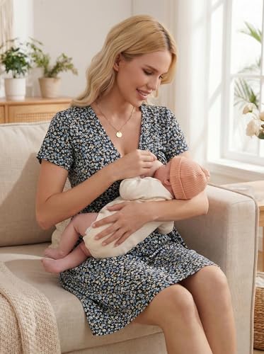 Image of OUGES Maternity Nursing Dress Breastfeeding Short Sleeve V Neck Casual Pregnancy Clothes with Pockets