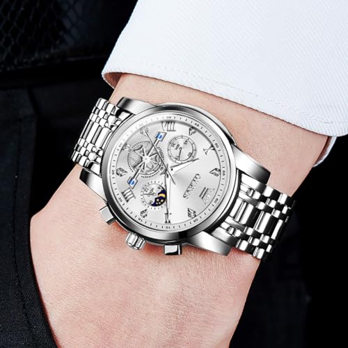 Image of OLEVS Watch for Men Analog Quartz Luxury Diamond Dial Dress Wrist Watches, 2856:Silver White, Silver Watch | Chronograph, 100Ft Waterproof, Calendar, Luminous, Stainless Steel Strap