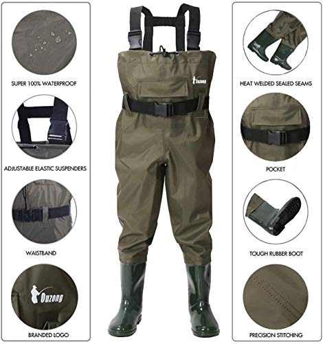 Ouzong Chest Waders for Kids, Lightweight Cleated Nylon and PVC Fishing Bootfoot Chest Waders for Boy and Girl with Boot Hanger, Army Green Waterproof Chest Waders for Children (Green, 2/3)