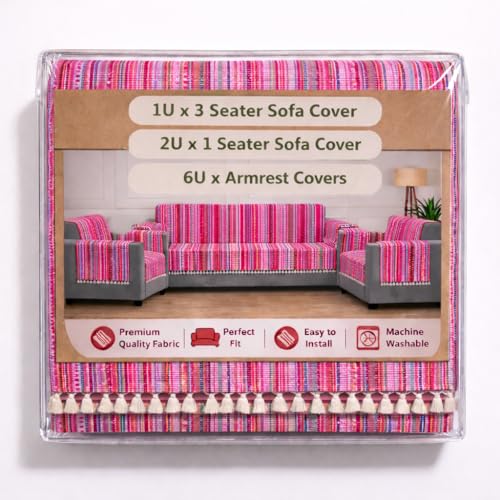 Image of Gifts Island Woven Acrylic Cotton Sofa Cover Mat, Pink Striped with Decorative Tassels, Non-Slip Design with Elastic Straps, 3 Seater and 1 Seater Mats with 6 Armrest Covers (Pink, 3+1+1 Seater)