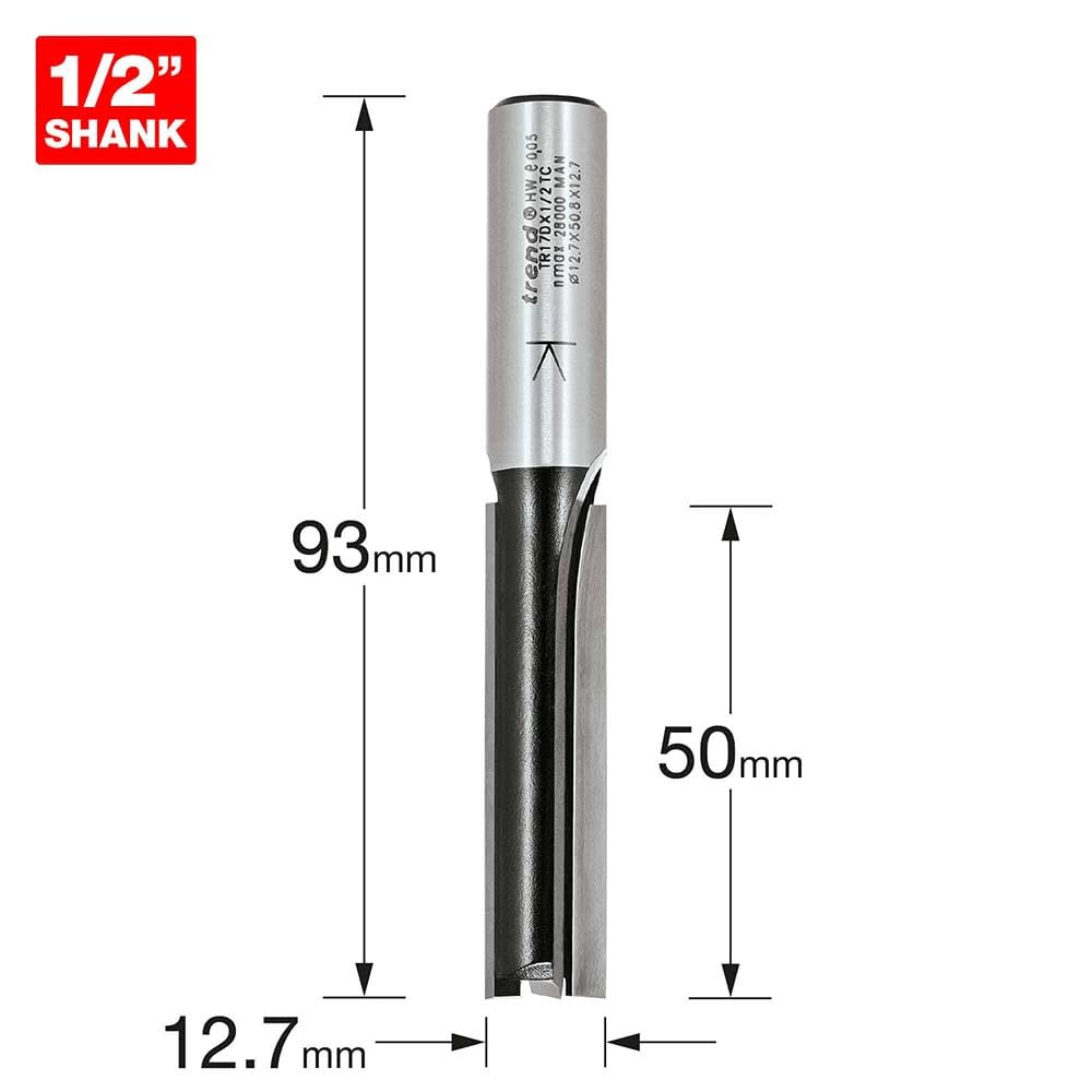 Trend frez prosty dwupiórowy do frezarki górnowrzecionowej, trzpień 1/2 cala, średnica cięcia 12,7 mm i długość cięcia 50 mm, węglik spiekany (TCT), TR17DX1/2TC