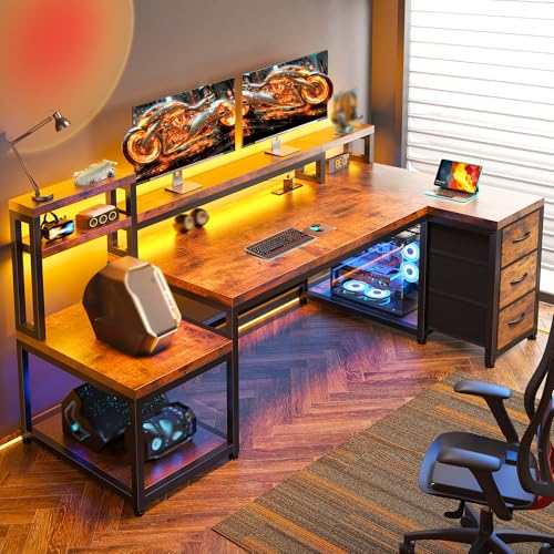 EnHomee 71' L Shaped Computer Desk with 3 Drawers & Hutch,Reversible Gaming Desk with LED Lights &...